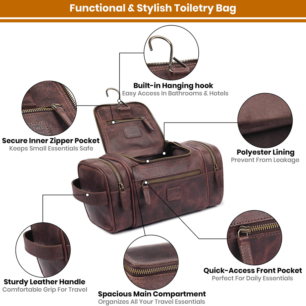 Leather Village Handmade Cherry Leather Travel Toiletry Bag with Compact Vintage Style Design
