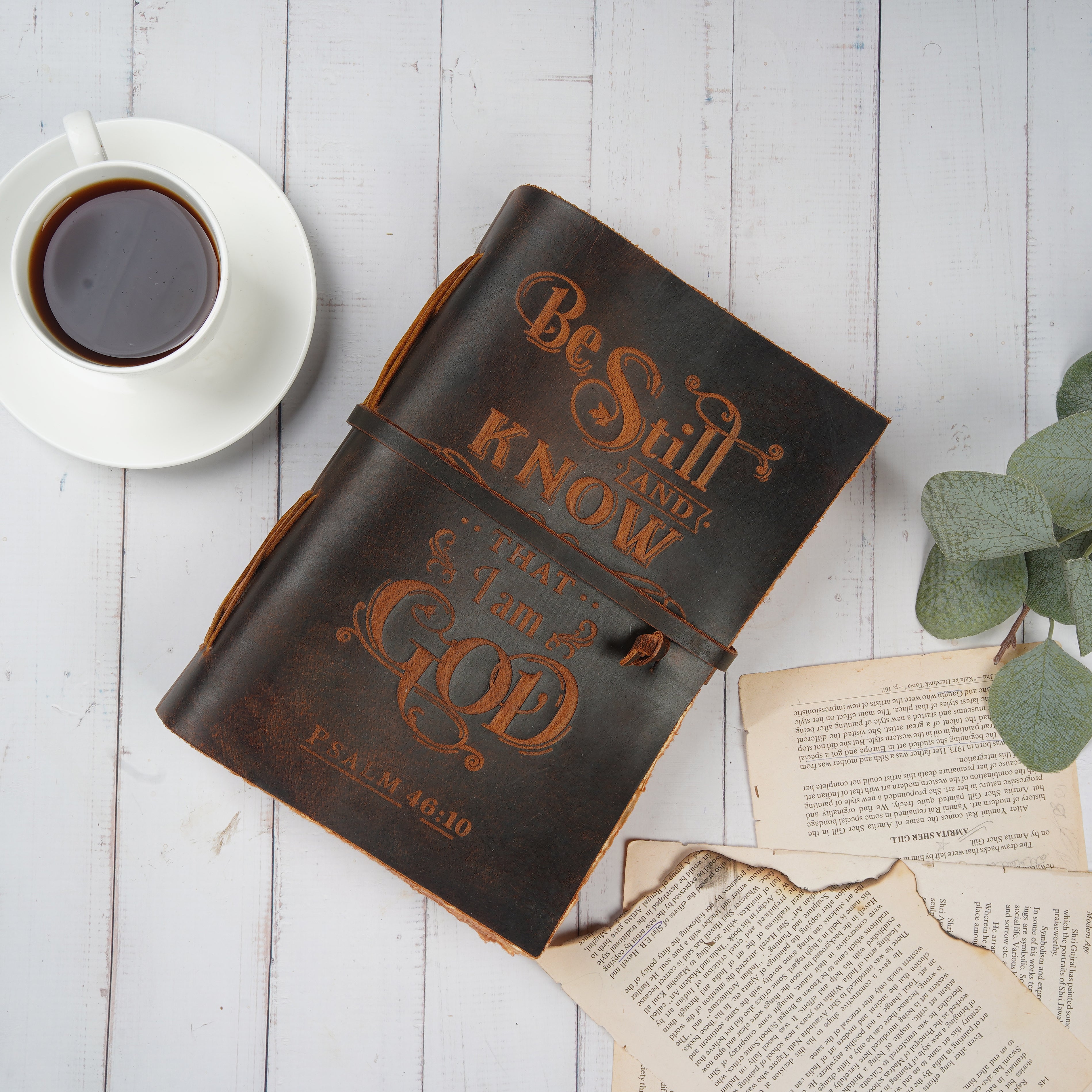 PSALM 46v10 EMBOSSED BIBLE VERSE - LEATHER JOURNAL
