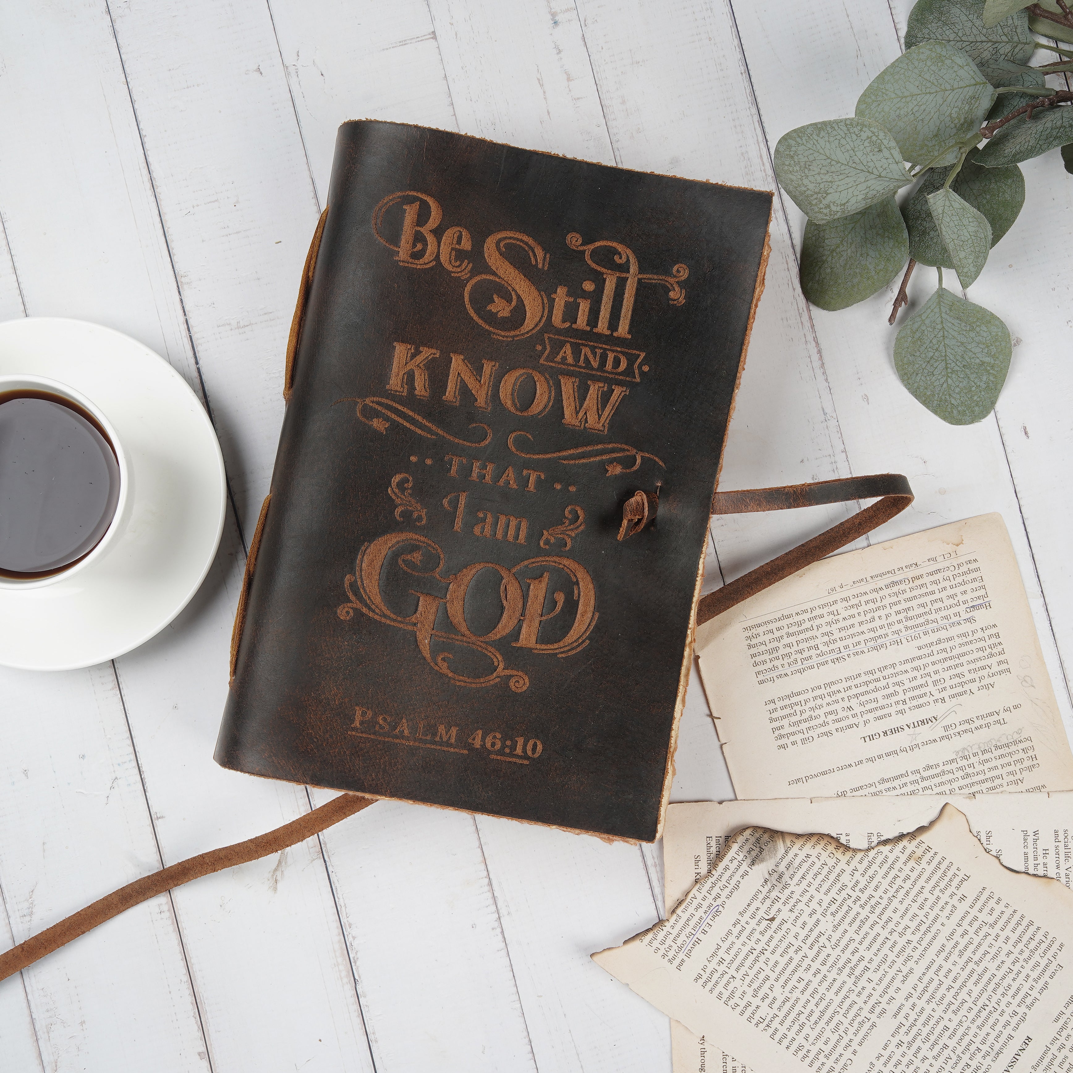 PSALM 46v10 EMBOSSED BIBLE VERSE - LEATHER JOURNAL