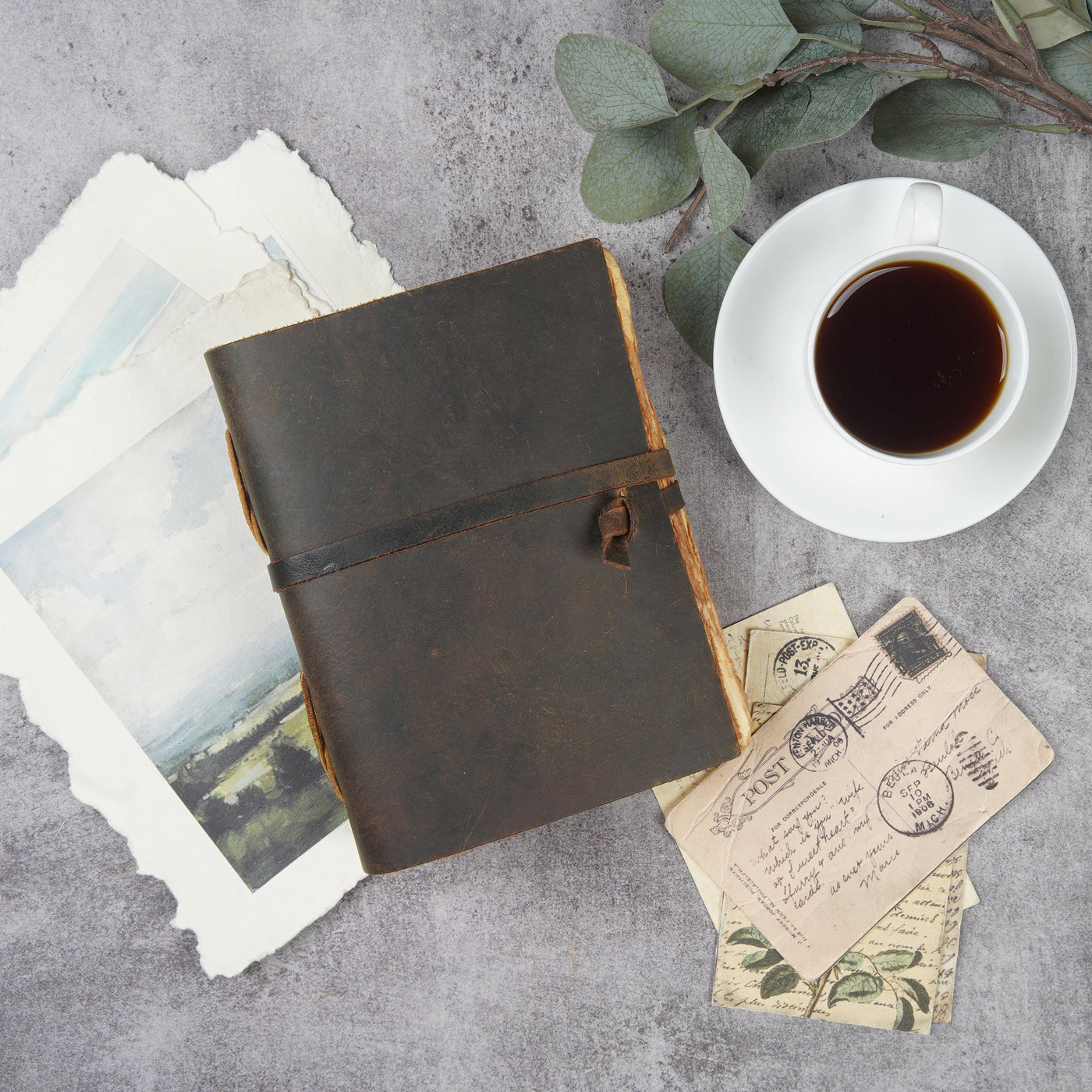 BROWN LEATHER BOUND JOURNAL - DECKLE EDGE WATERCOLOR PAPER