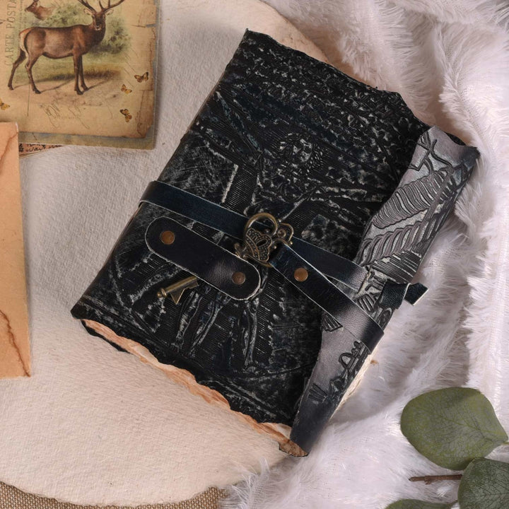 Genuine Leather Handmade Journal for Men & Women- Key Closure-Handmade Embossed Journal- 7x5 Inches- Black