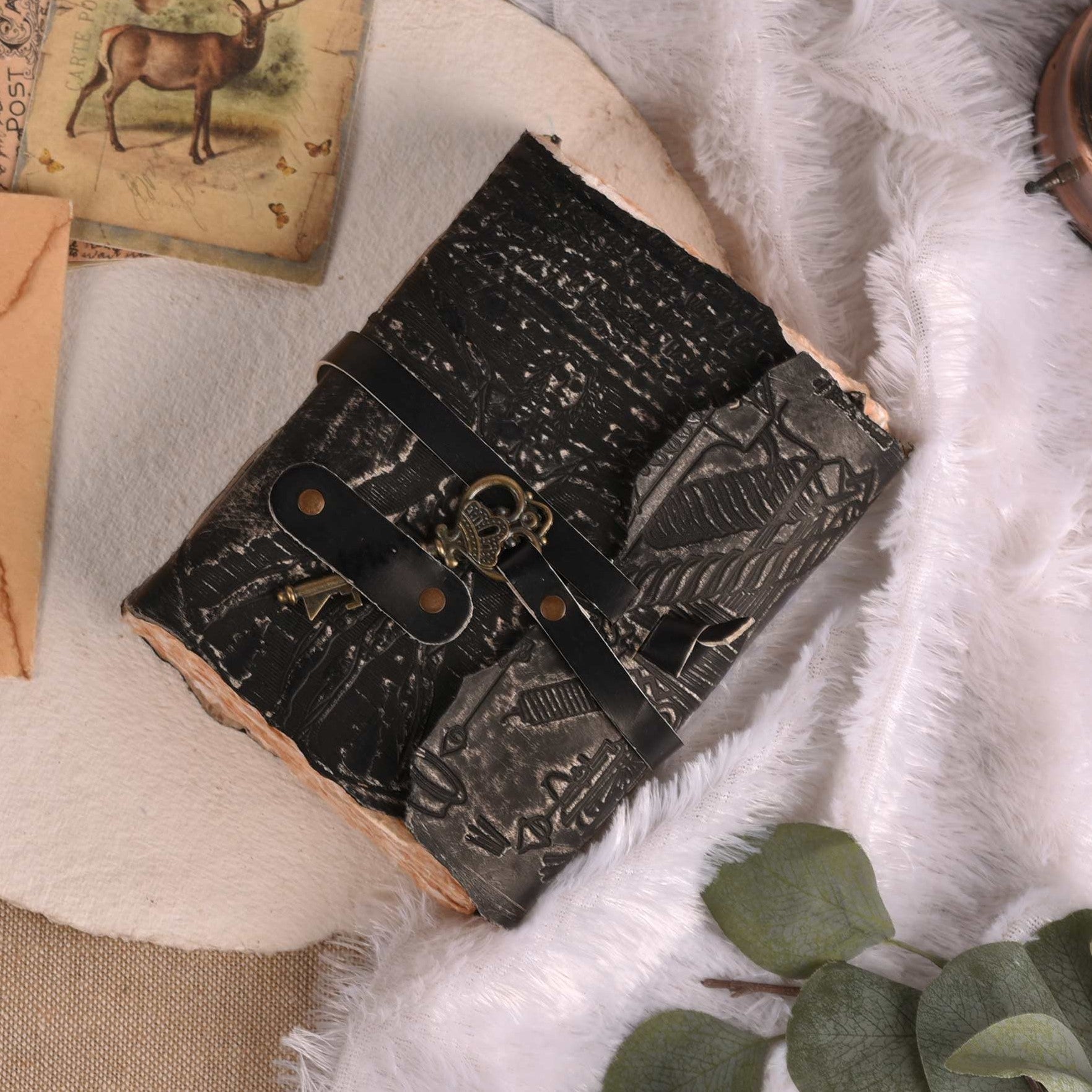 Genuine Leather Handmade Journal for Men & Women- Key Closure-Handmade Embossed Journal- 7x5 Inches- Black