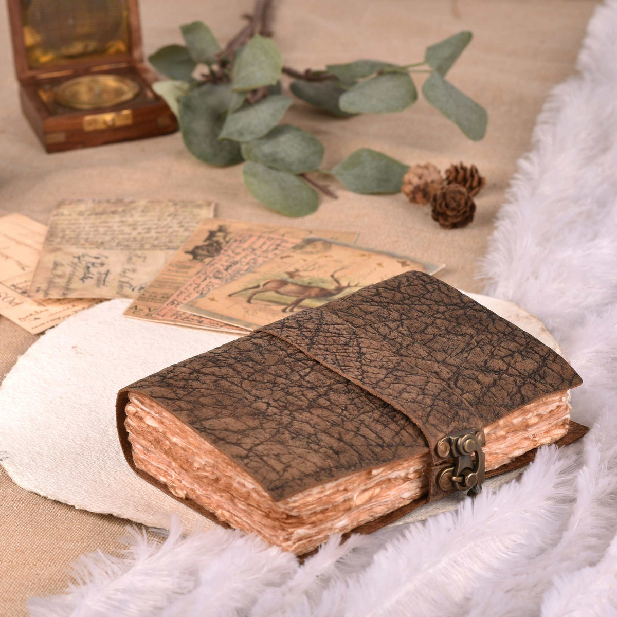 Vintage Journal for Men & Women - Lock Closure - Antique Deckle Handmade Cotton Paper for Drawing, Writing & Sketching- 200 Pages- Distressed Brown
