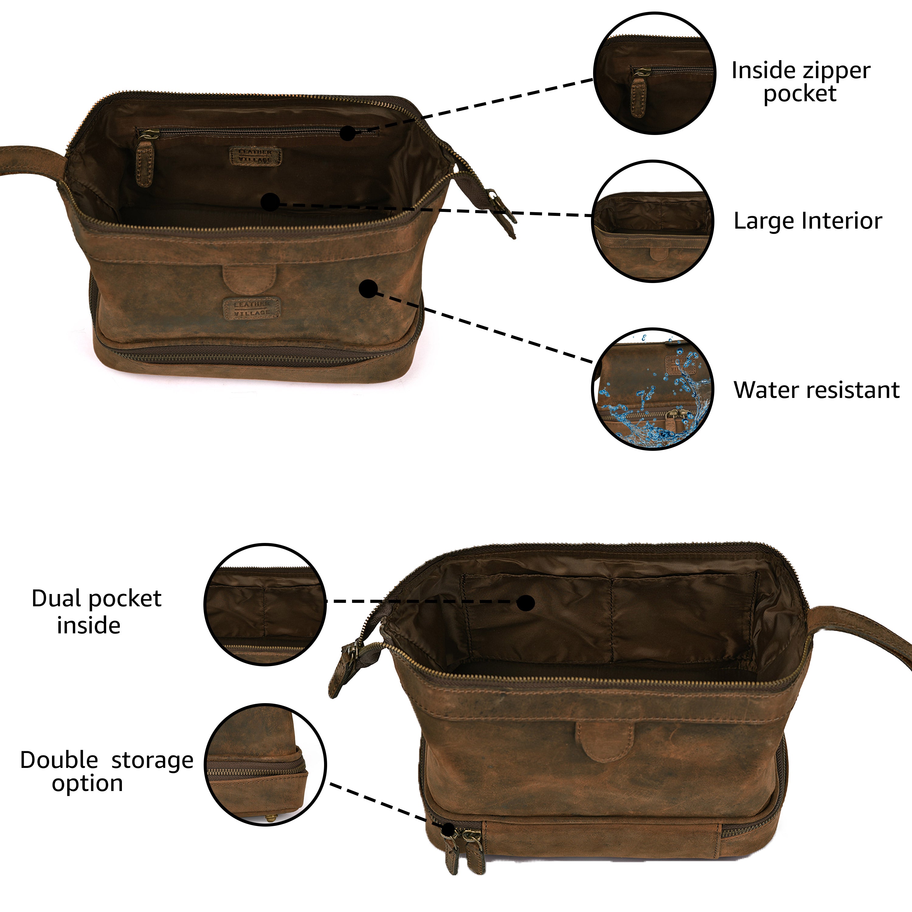 Genuine Leather Toiletry Bag for Men & Women - Mens Toiletry Shower Organizer Dopp Kit , Pouch for Traveling