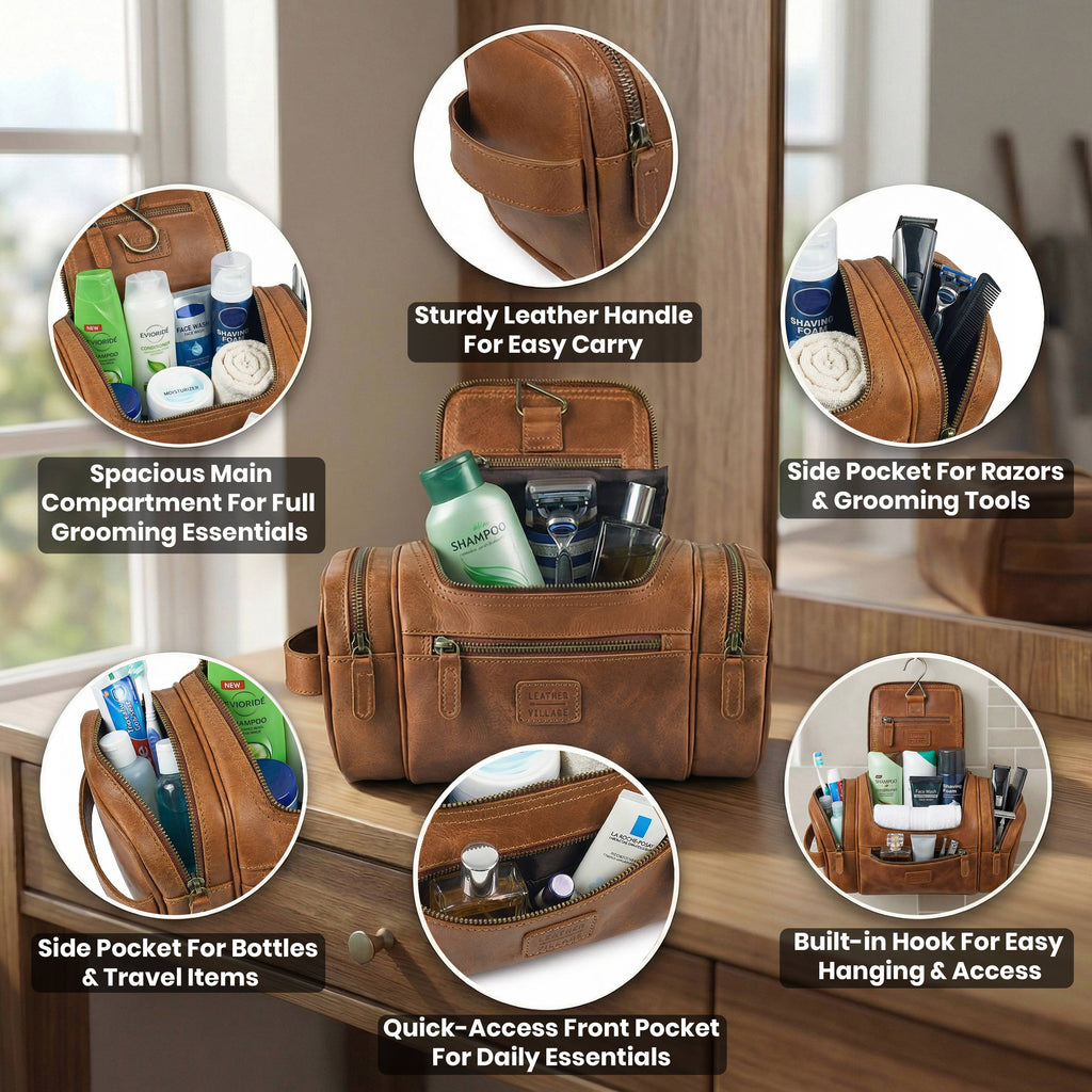 Leather Village Luxury Leather Wash Bag with Multiple Storage Compartments