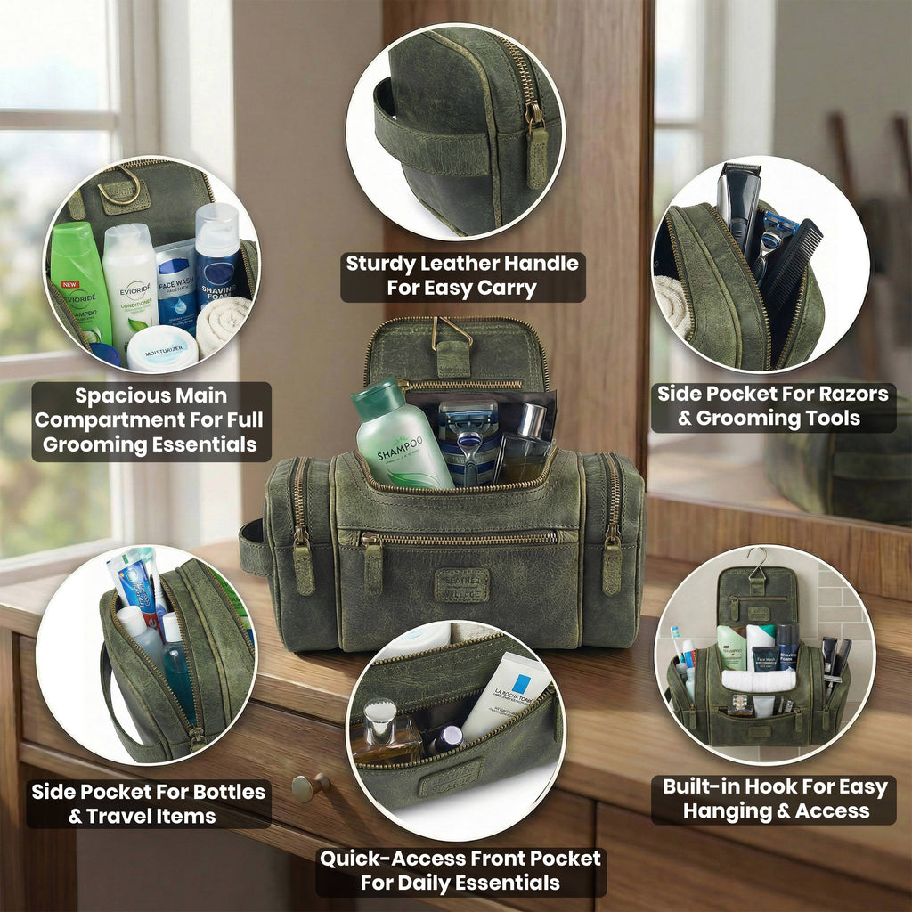 Leather Village Olive Leather Grooming Bag for Business Trips, Gym, and Daily Travel Use