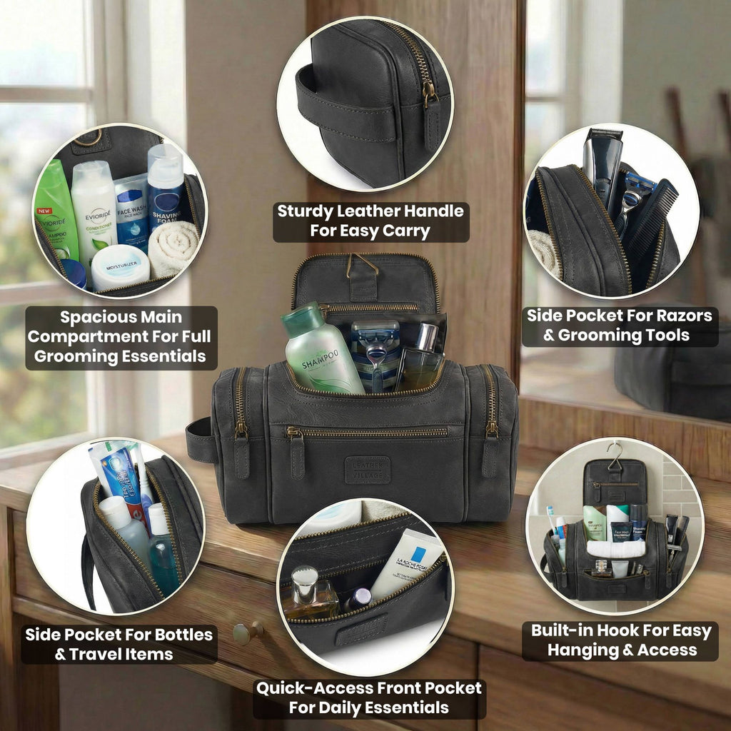 Leather Village Handmade Leather Grooming Organizer for Men and Women