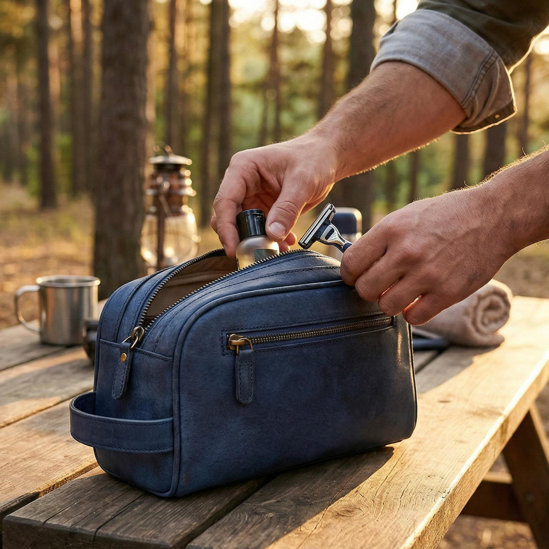 Blue Leather Toiletry Bag for Travel