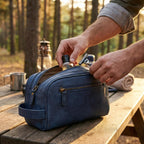 Blue Leather Toiletry Bag for Travel