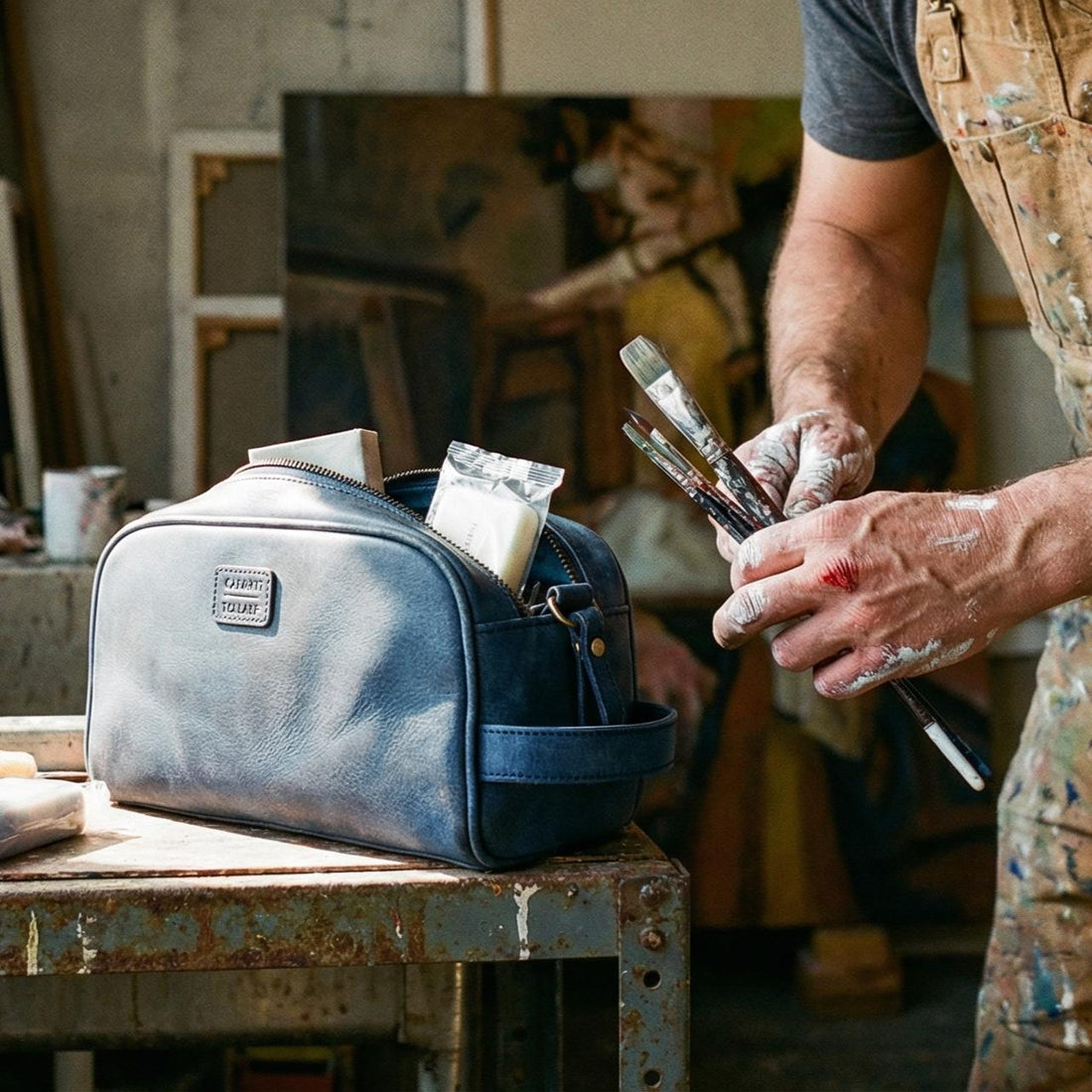 Blue Leather Toiletry Bag for Travel