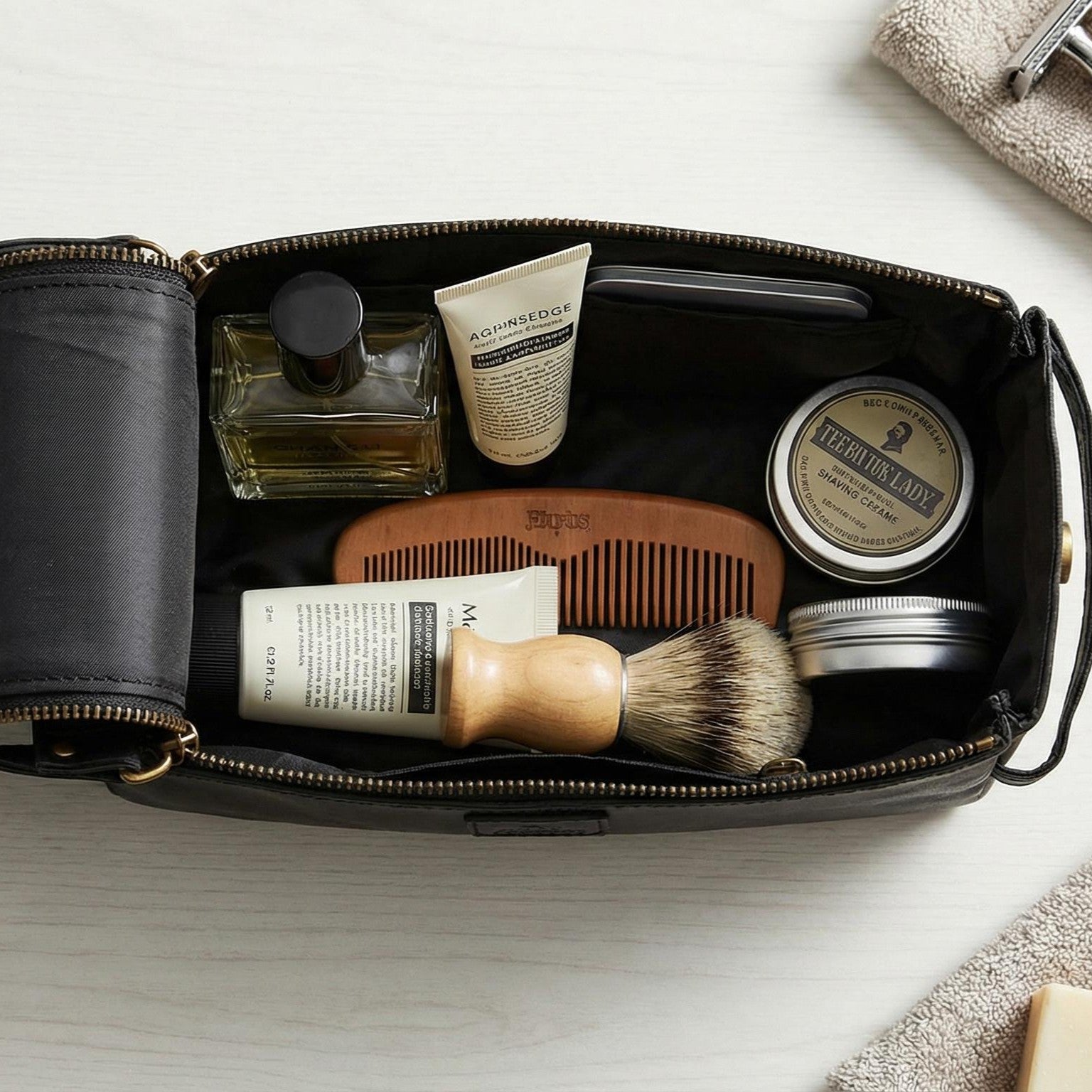 Leather Toiletry Bag for Travel - Black