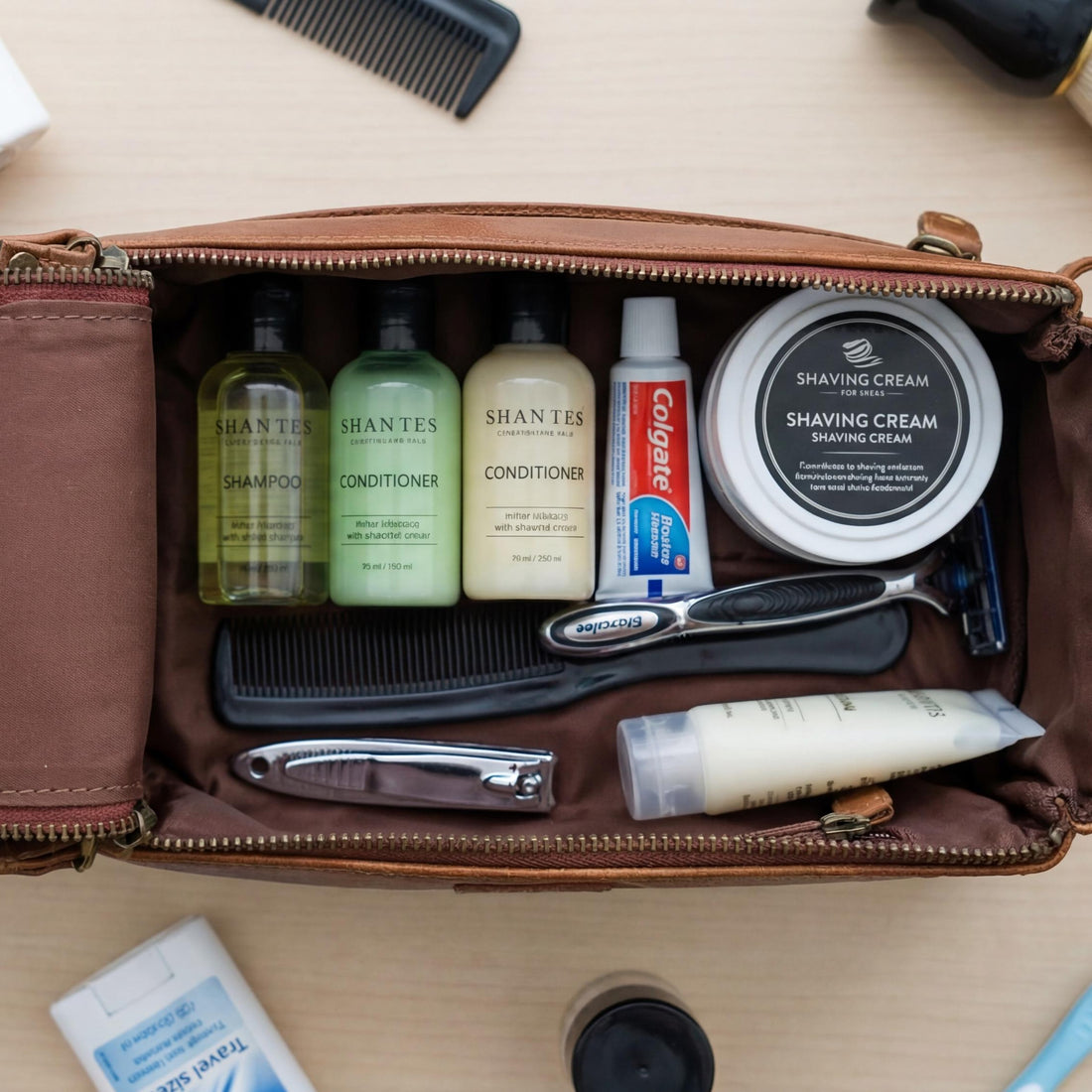 Leather Toiletry Bag for Travel - Tan