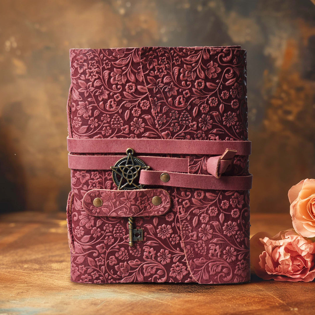 Floral Leather Notebook- Fuchsia