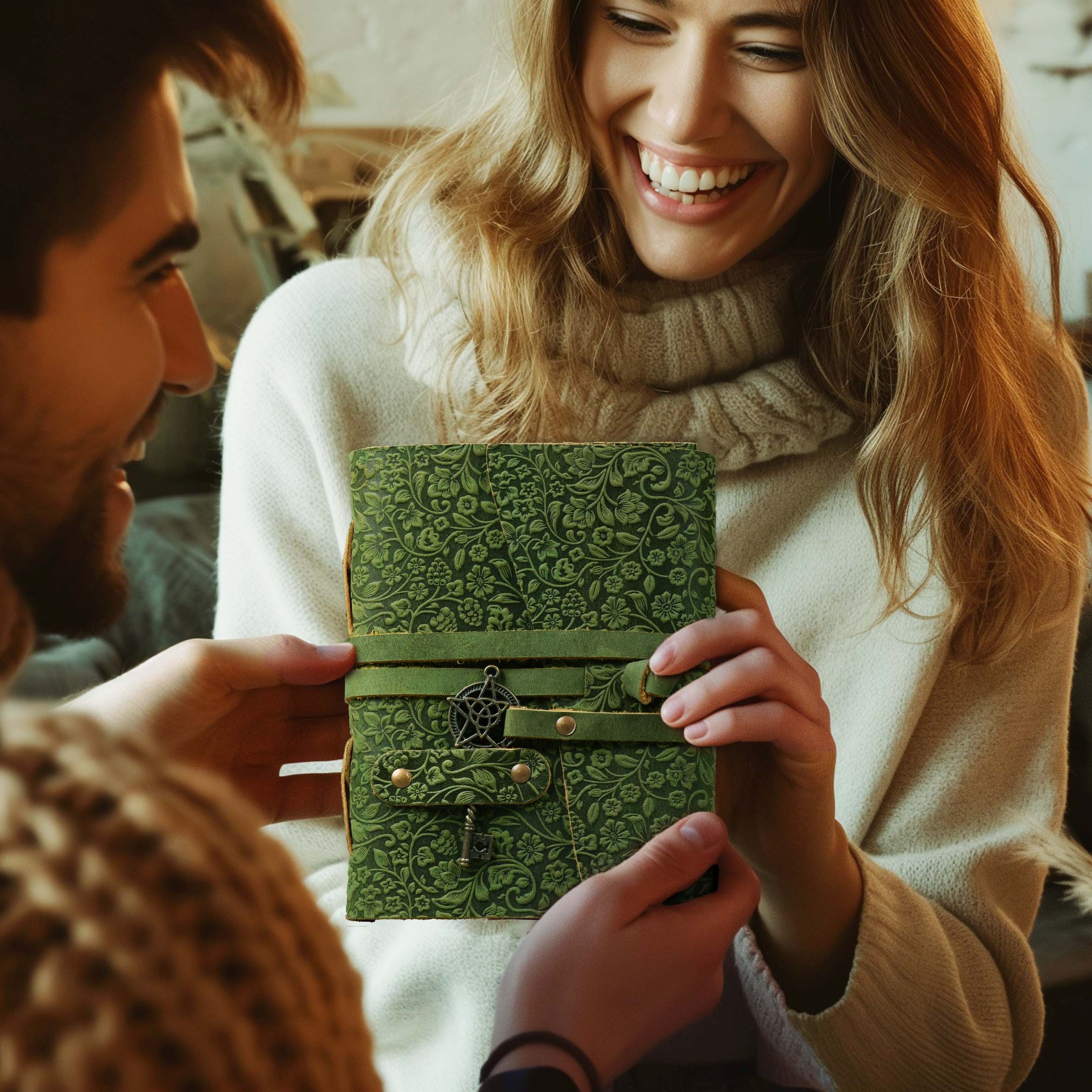 Floral Leather Notebook- Green