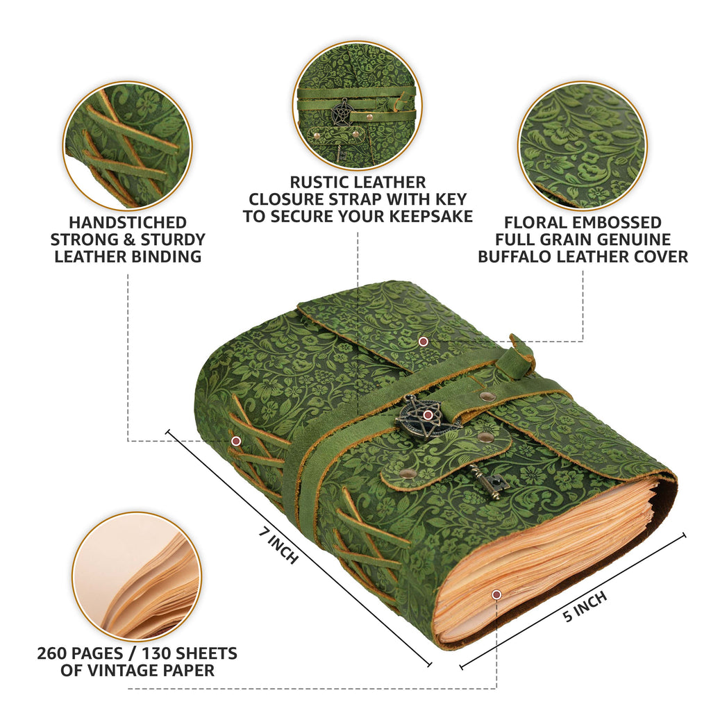 Floral Leather Notebook- Green