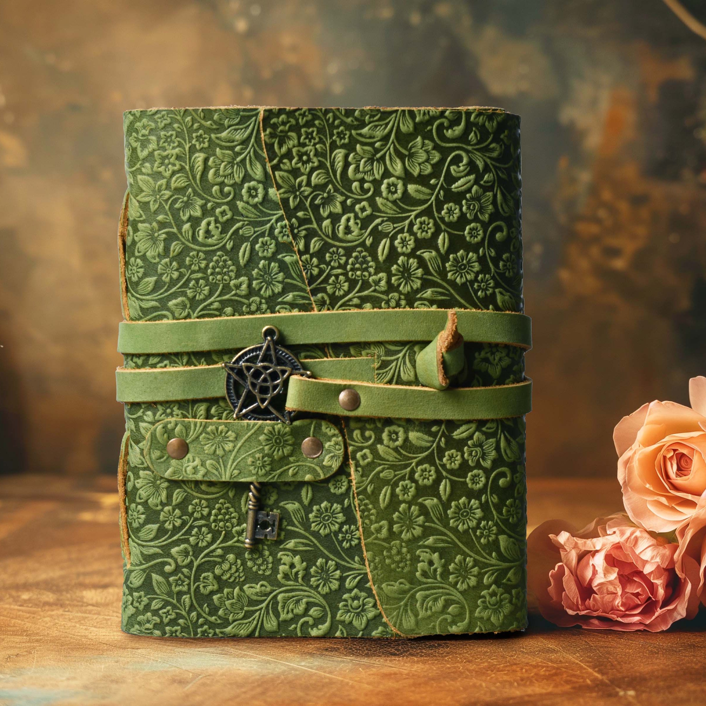 Floral Leather Notebook- Green