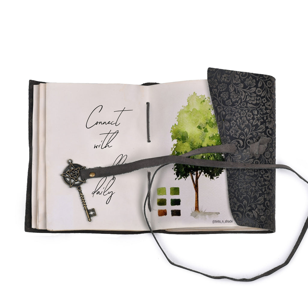 Floral Leather Notebook Journal- Black
