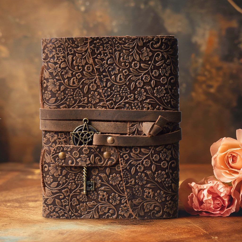 Floral Leather Notebook- Chocolate Brown Leather Village