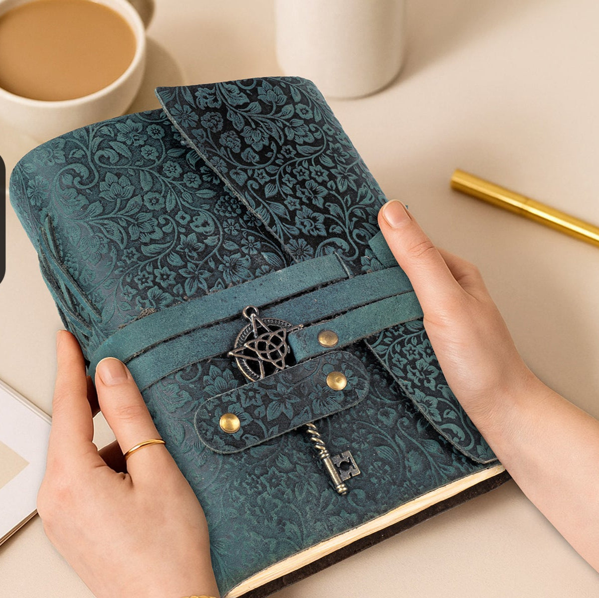 Floral Leather Notebook- Turquoise