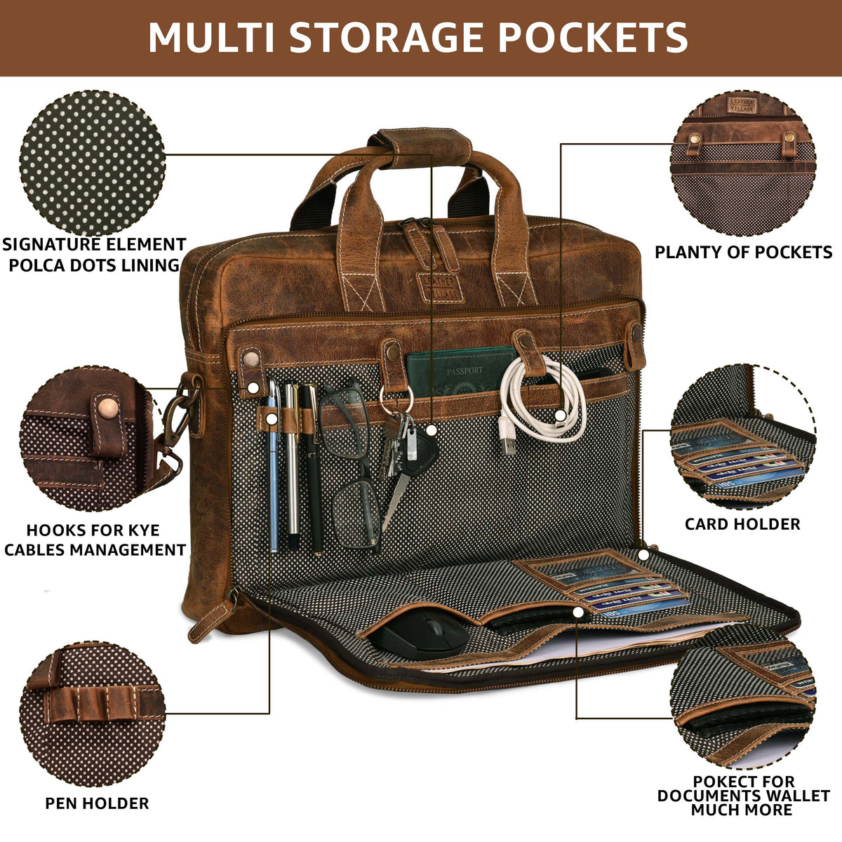 LEATHER VILLAGE 16" Leather Laptop Messenger Briefcase Bag for Men-Brown-Leather Satchel for Travel and Office Shoulder Bag