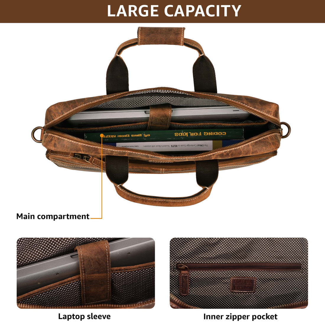 LEATHER VILLAGE 16" Leather Laptop Messenger Briefcase Bag for Men-Brown-Leather Satchel for Travel and Office Shoulder Bag