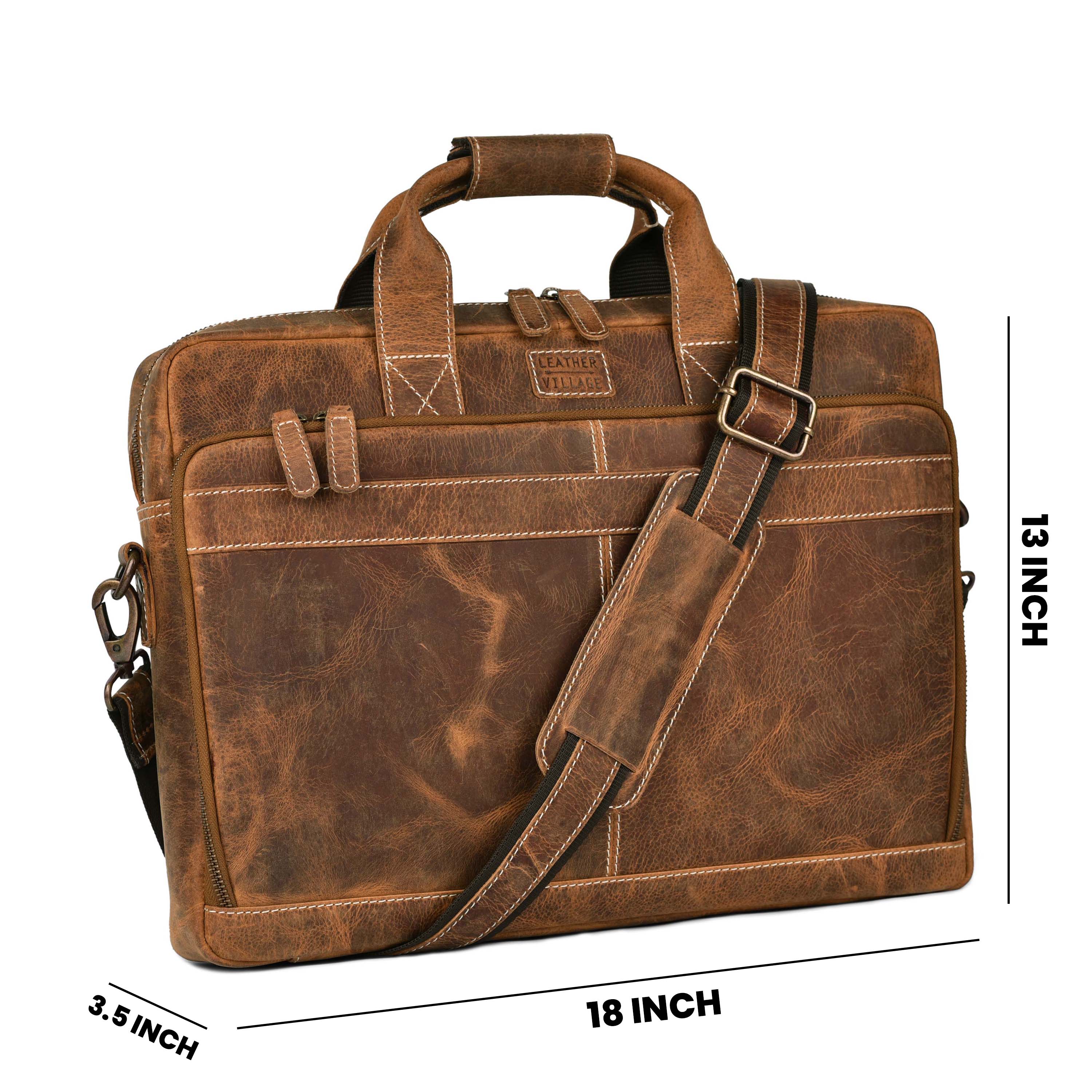 LEATHER VILLAGE 16" Leather Laptop Messenger Briefcase Bag for Men-Brown-Leather Satchel for Travel and Office Shoulder Bag