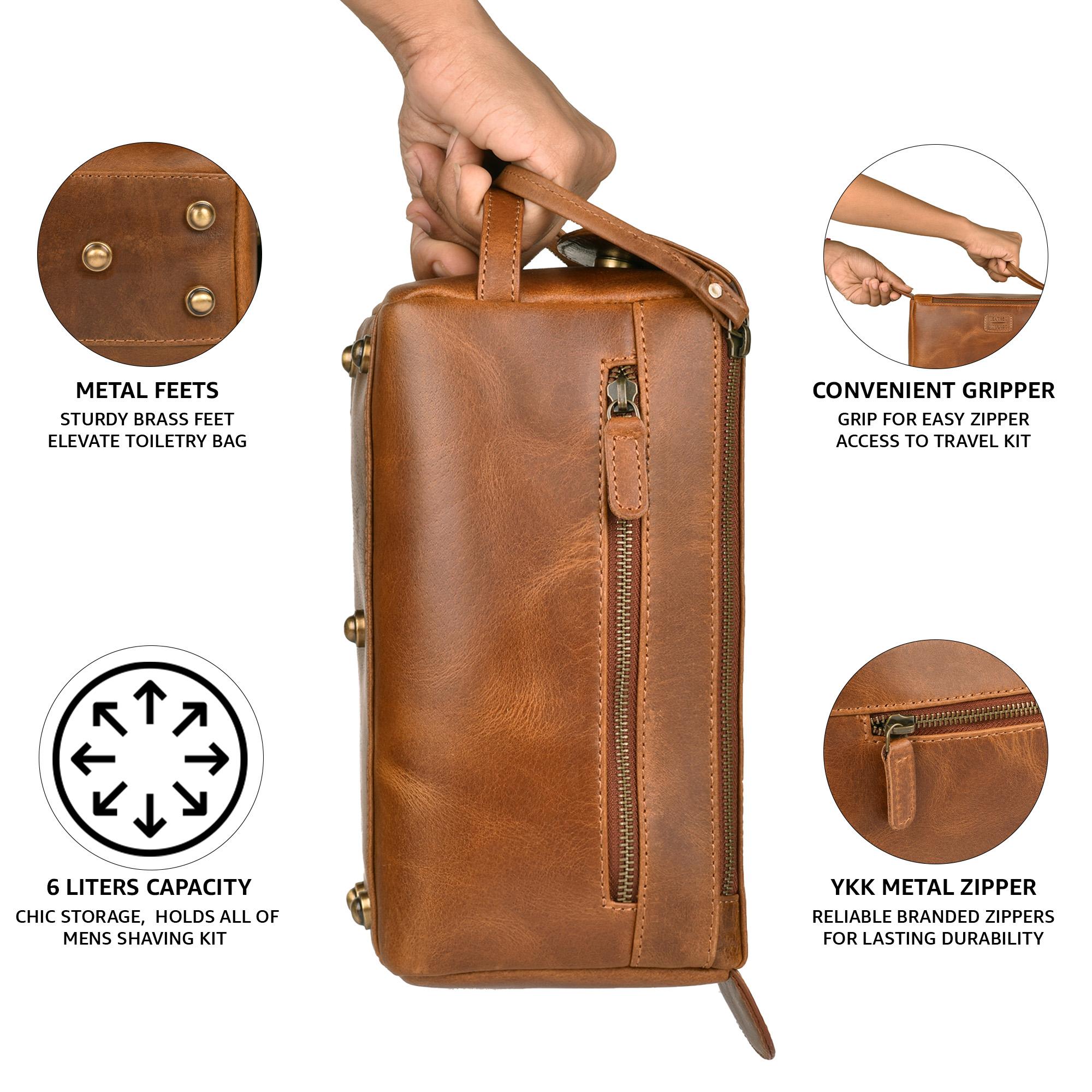 Leather Toiletry Bag for Travel - Tan