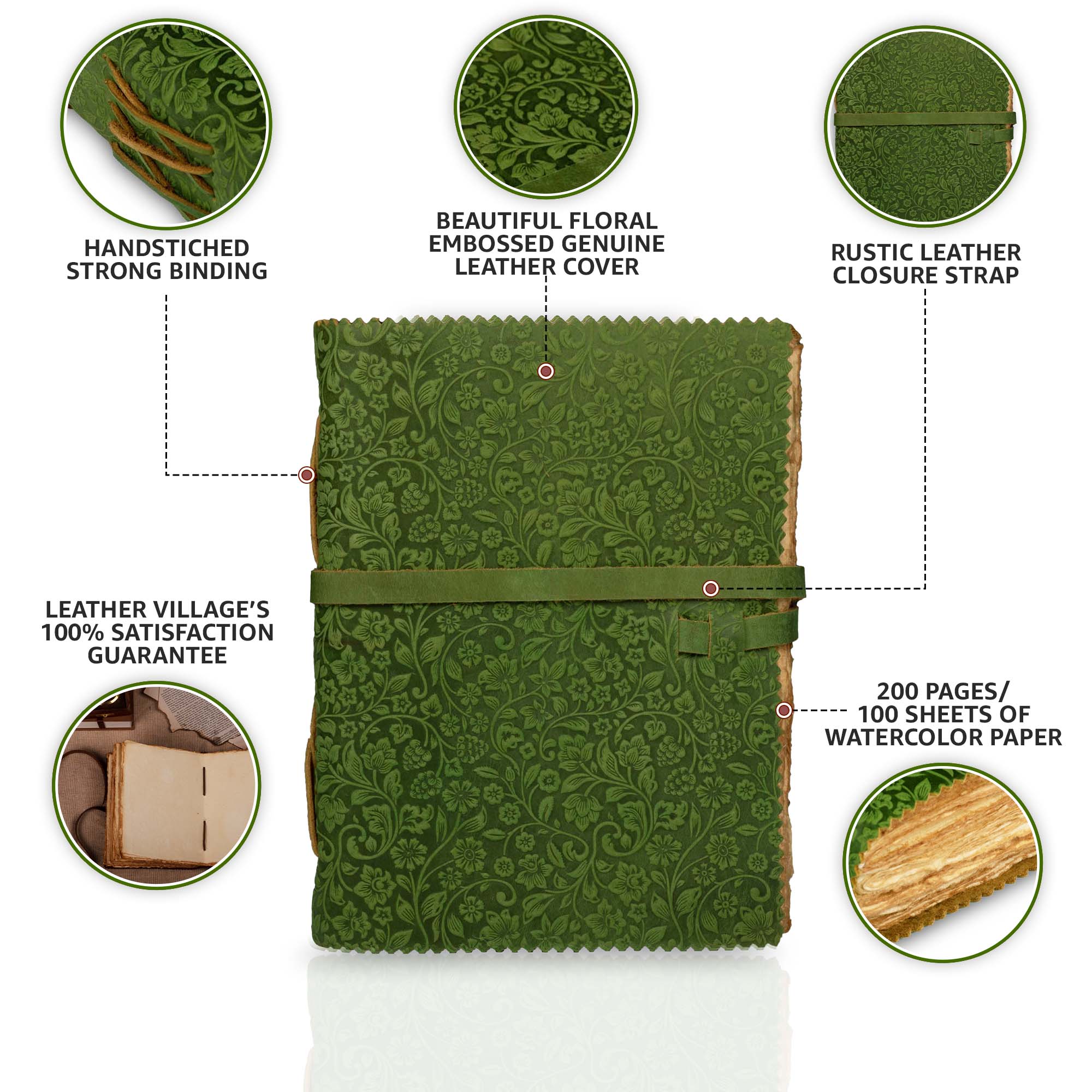 Floral Embossed Leather Journal- Green