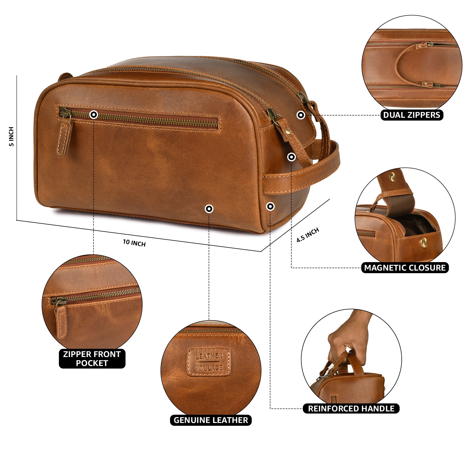 Tan Leather Toiletry Bag for Travel