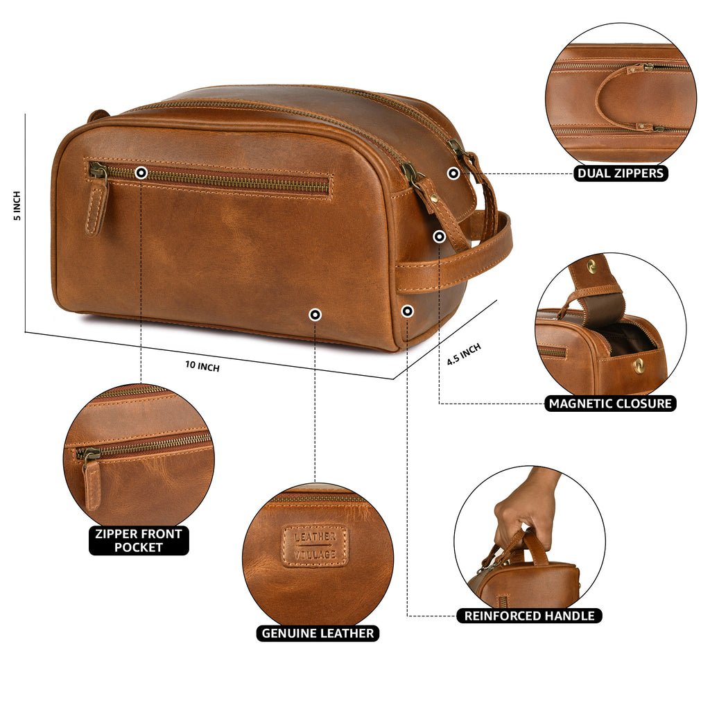 Tan Leather Toiletry Bag for Travel