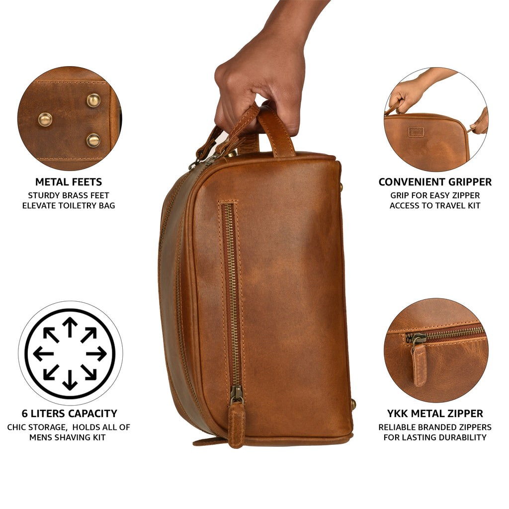 Tan Leather Toiletry Bag for Travel