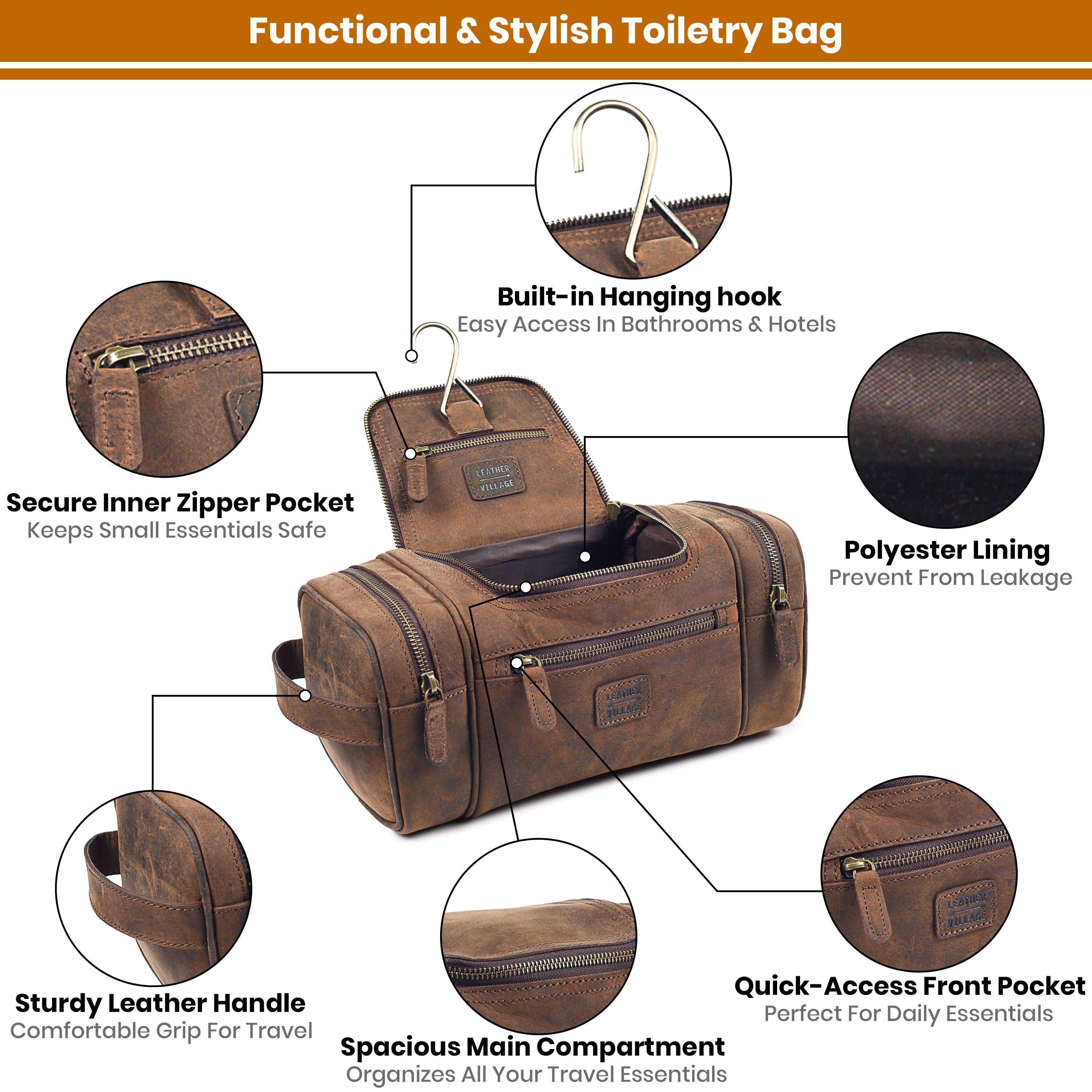 Leather Travel Toiletry Bag - Brown