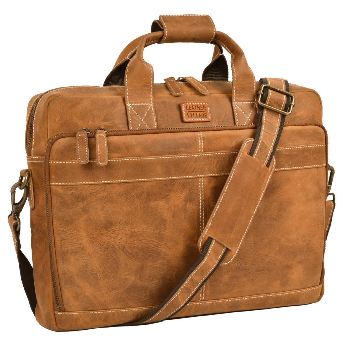 LEATHER VILLAGE 16" Leather Laptop Messenger Briefcase Bag for Men-Brown-Leather Satchel for Travel and Office Shoulder Bag