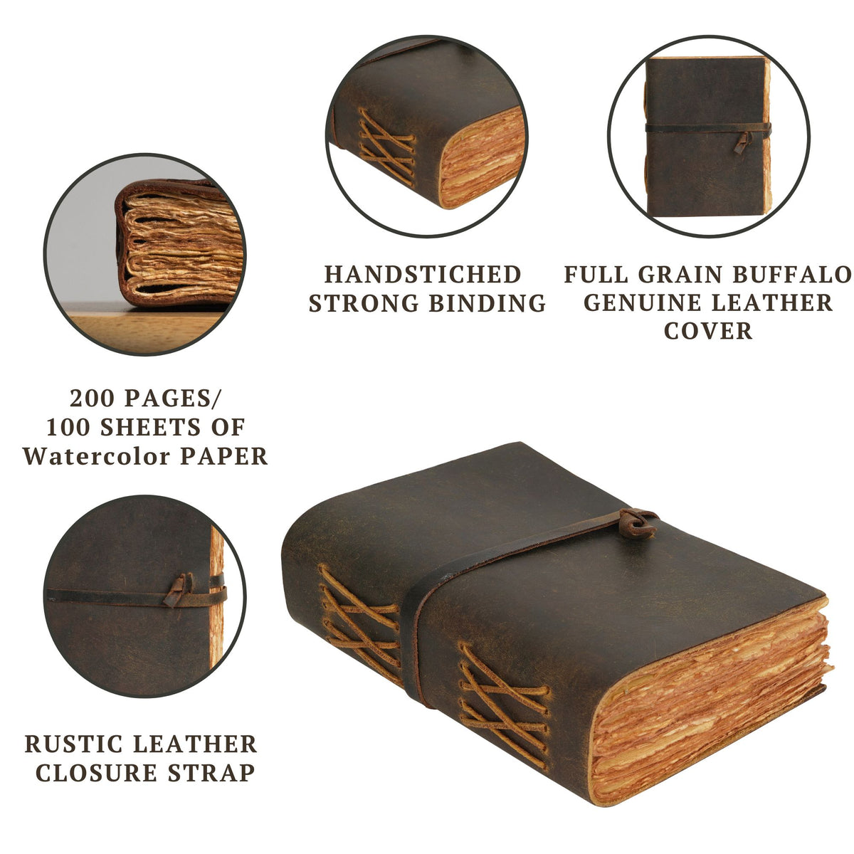BROWN LEATHER  BOUND JOURNAL -  DECKLE EDGE WATERCOLOR PAPER