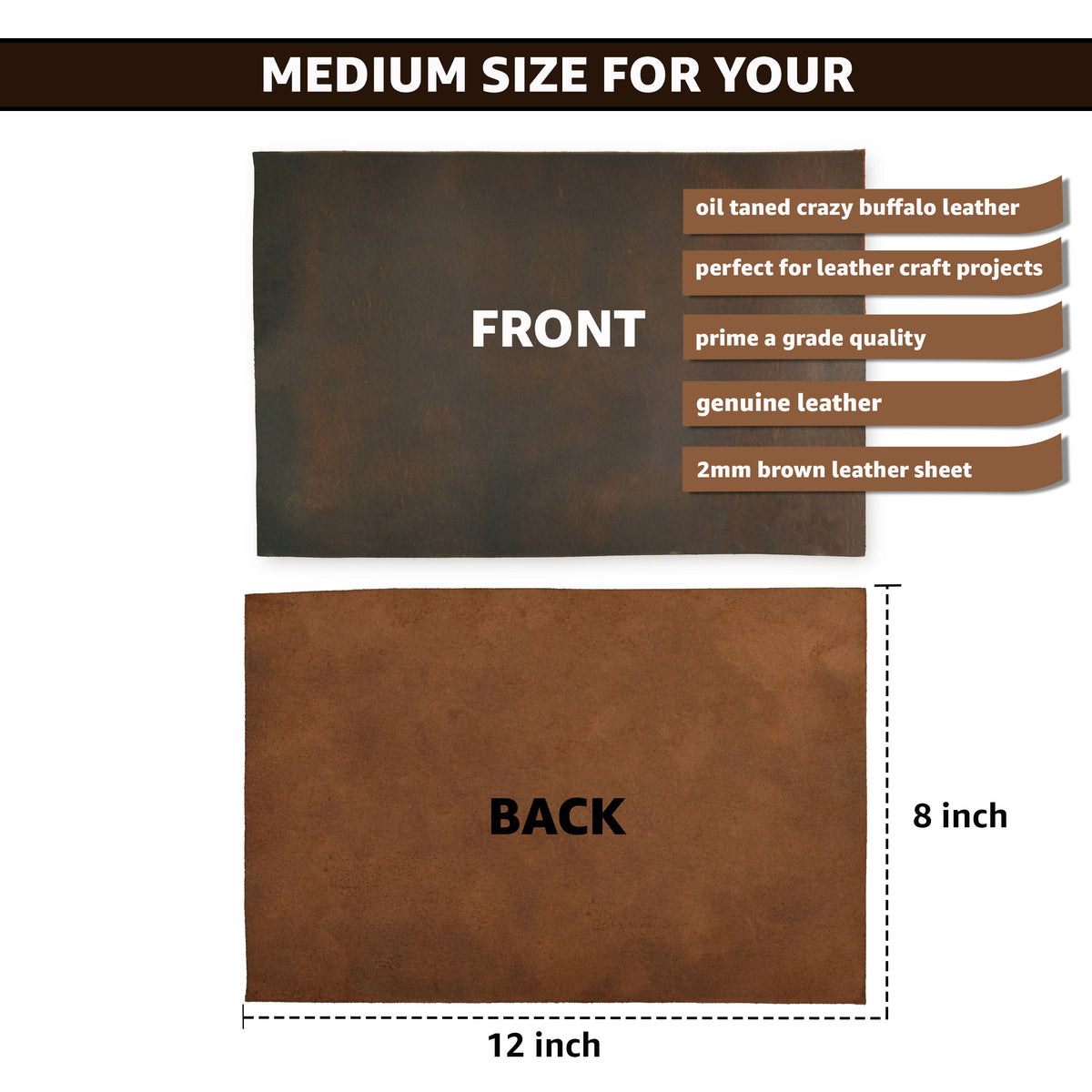 Full Grain Buff Leather Sheet - Dark Brown, 2mm Thick - Premium Craft Leather for Tooling, Upholstery, Workshops, and DIY Projects