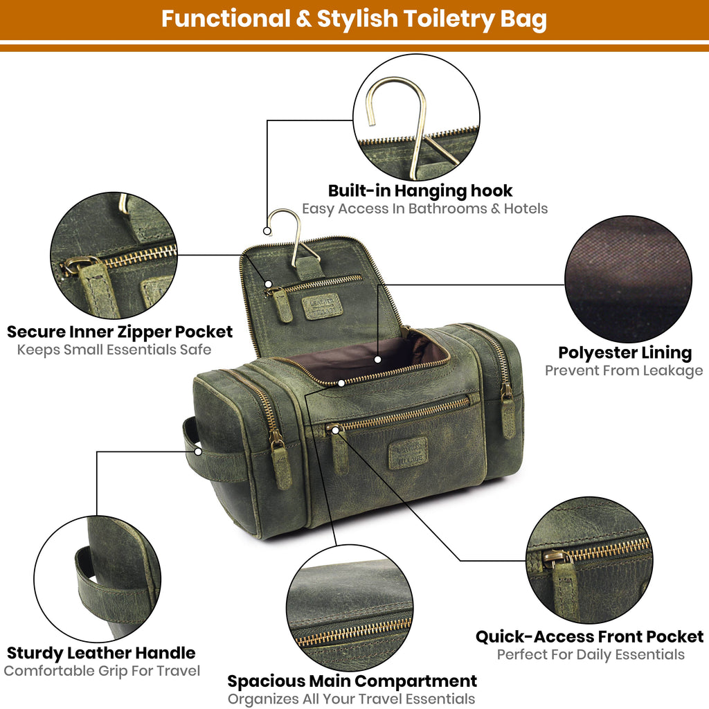 Leather Village Handmade Olive Leather Travel Toiletry Bag with Vintage Style Finish