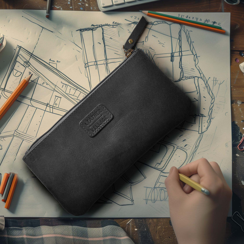 Leather Pencil Pouch Pen Case - Matte Black Leather Village