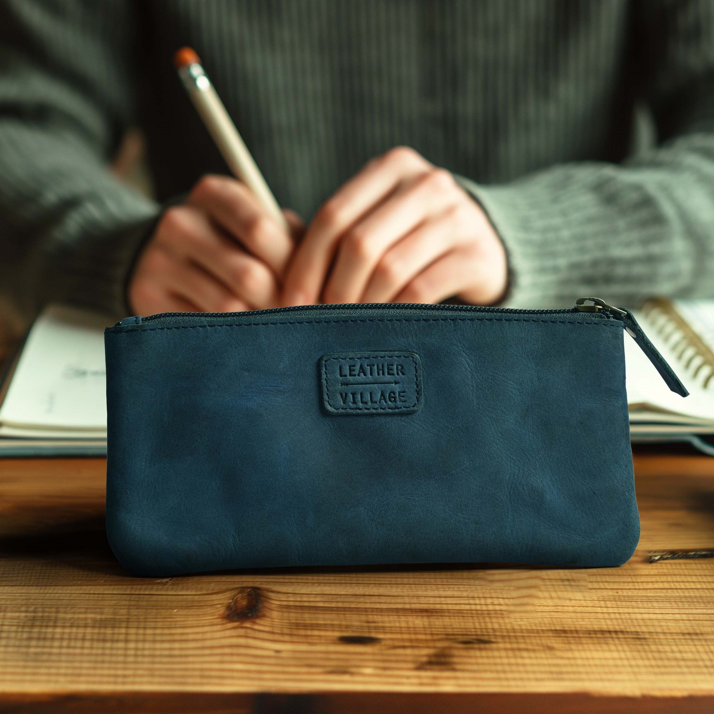 Leather Pencil Pouch Pen Case - Blue