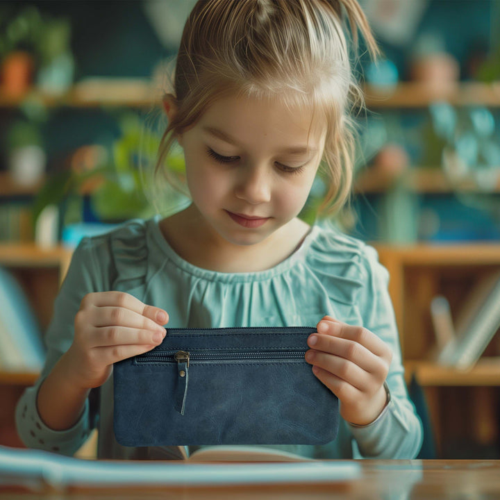 Leather Pencil Pouch Pen Case - Blue