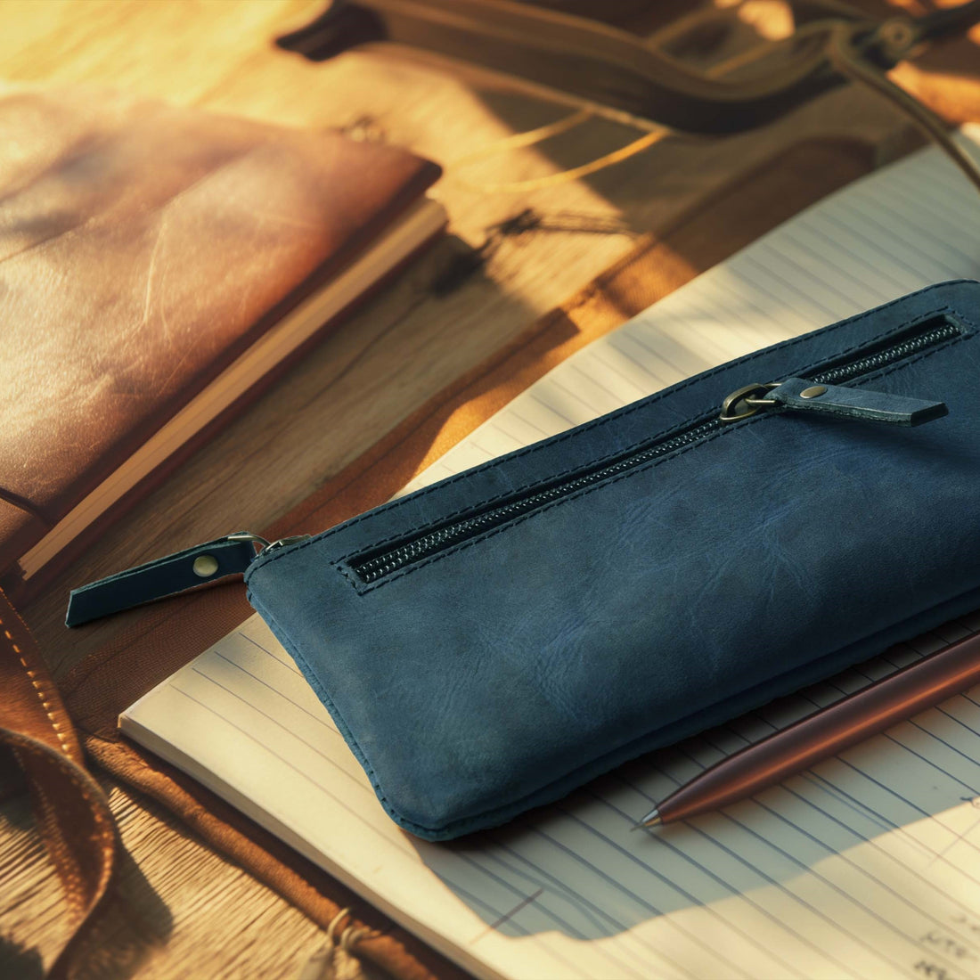 Leather Pencil Pouch Pen Case - Blue
