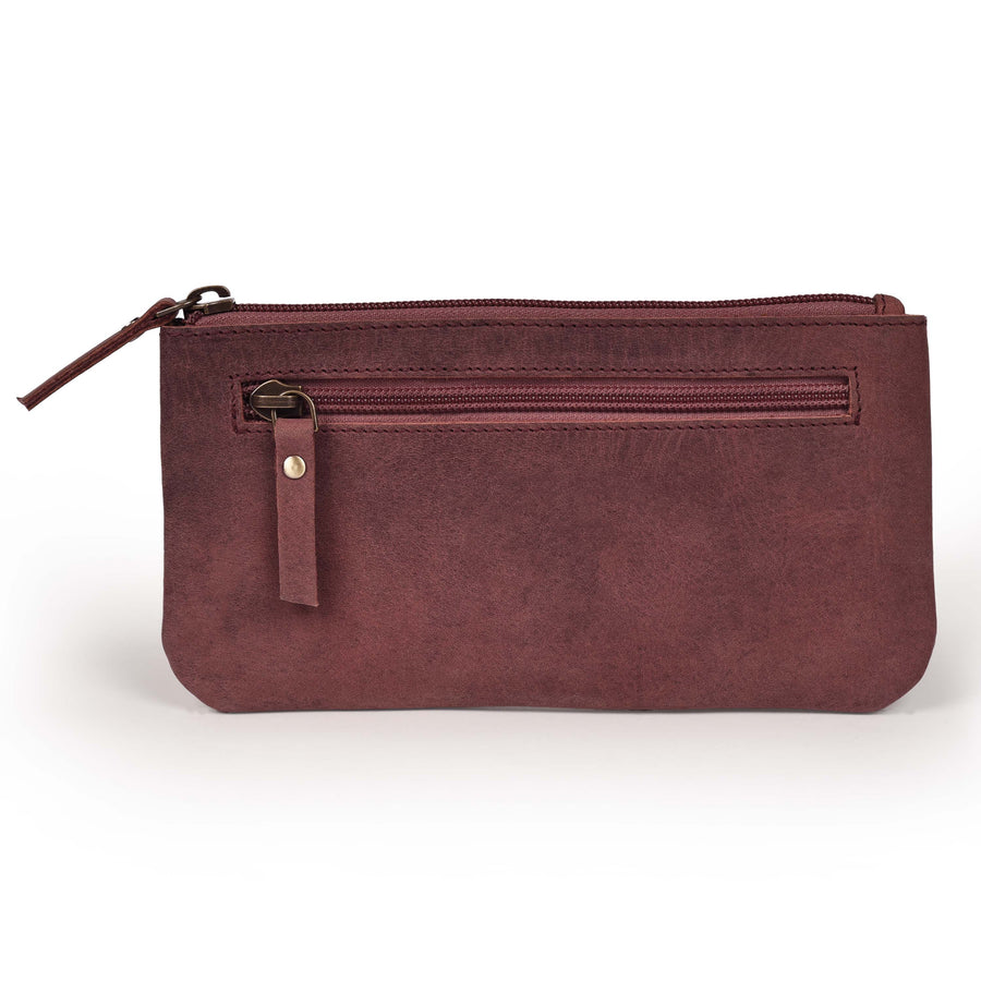 LEATHER VILLAGE Leather Pencil Pouch Pen Case - Matte Black - 8"X4"- Double Pocket - Elegant and Practical Zipper Pouch Holder for Artists, Men, and Women