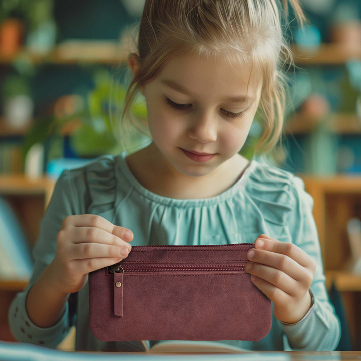 Leather Pencil Pouch Pen Case - Fuchsia