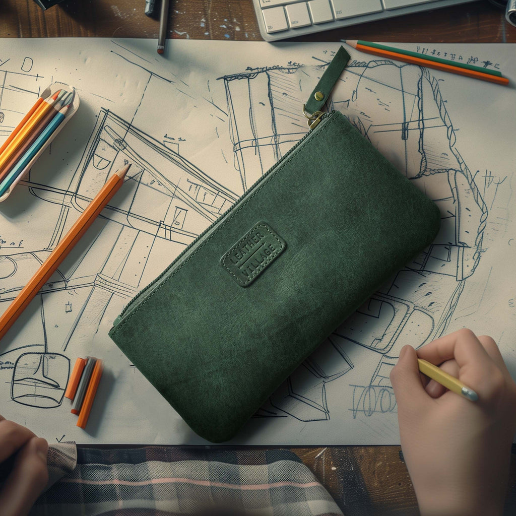 Leather Pencil Pouch Pen Case - Turquoise Leather Village