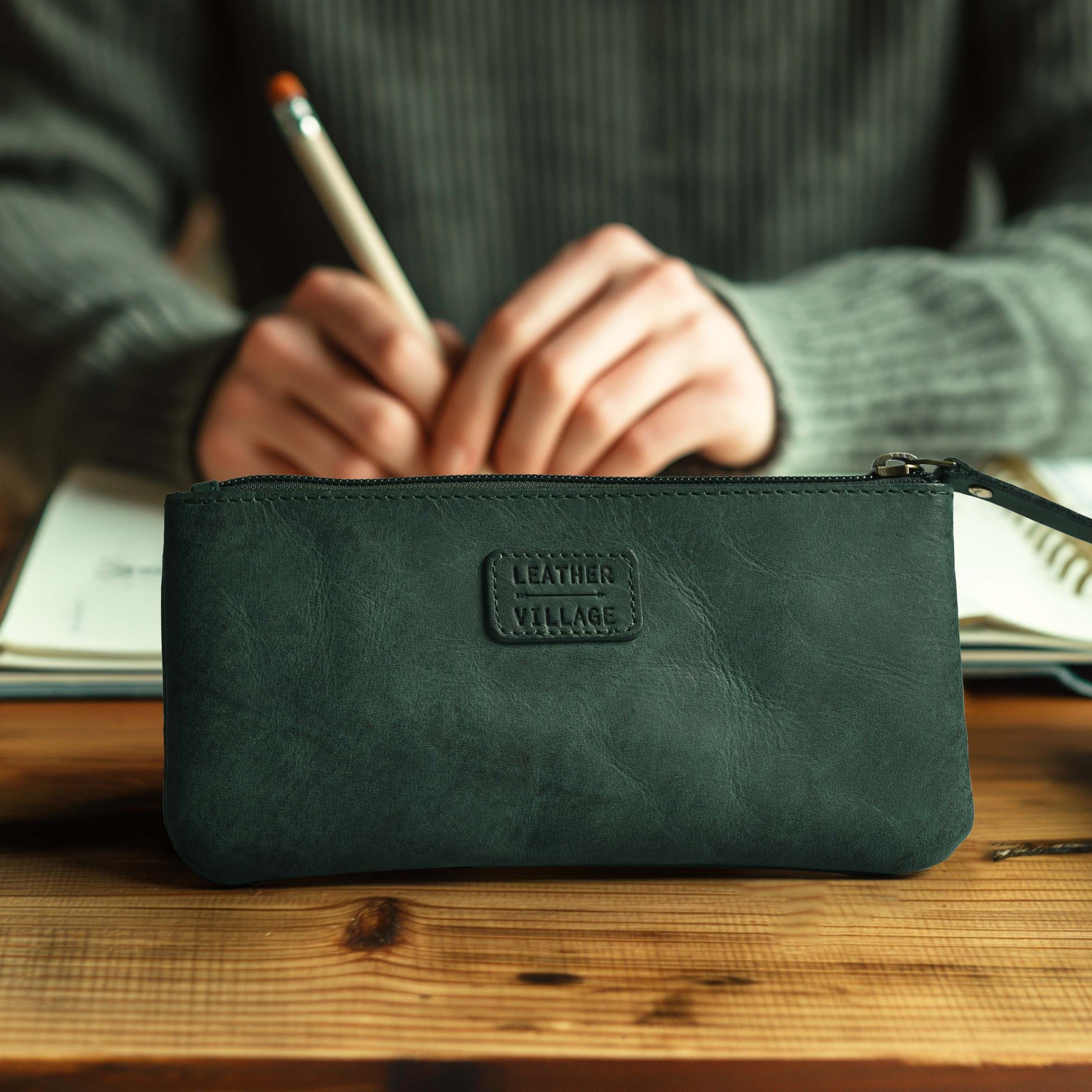 Leather Pencil Pouch Pen Case - Turquoise