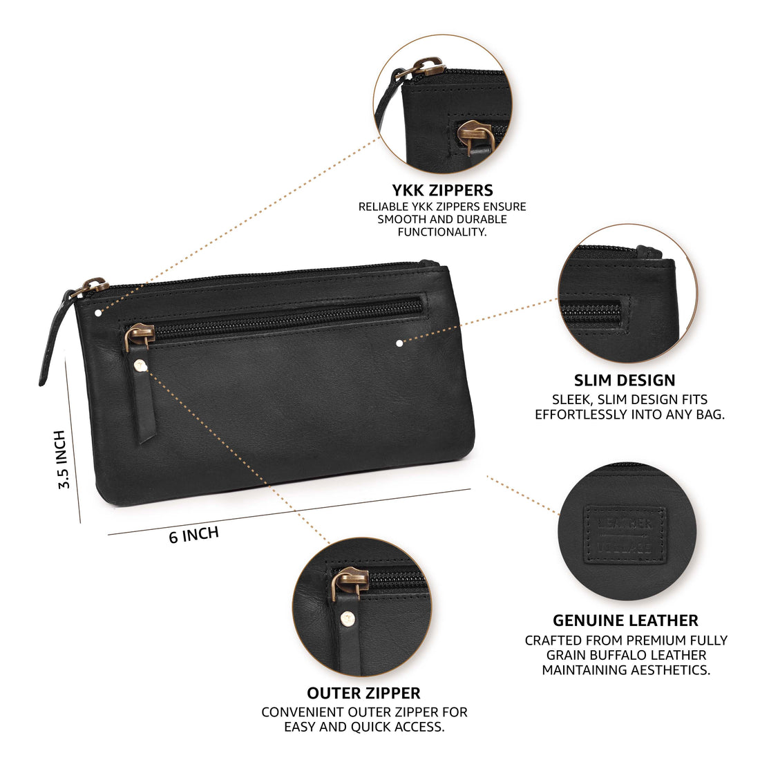 LEATHER VILLAGE Leather Pencil Pouch Pen Case - Matte Black - 8"X4"- Double Pocket - Elegant and Practical Zipper Pouch Holder for Artists, Men, and Women