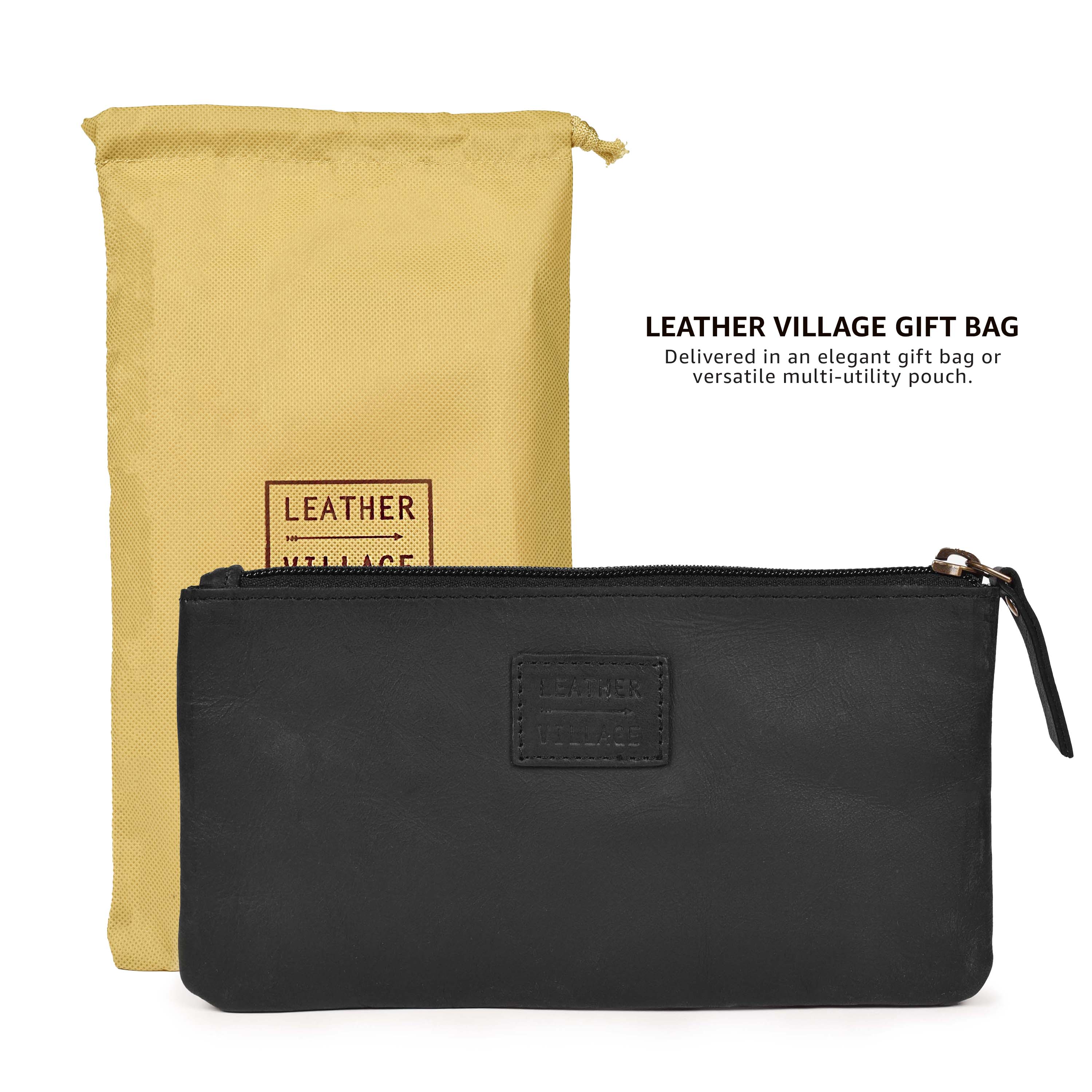 LEATHER VILLAGE Leather Pencil Pouch Pen Case - Matte Black - 8"X4"- Double Pocket - Elegant and Practical Zipper Pouch Holder for Artists, Men, and Women