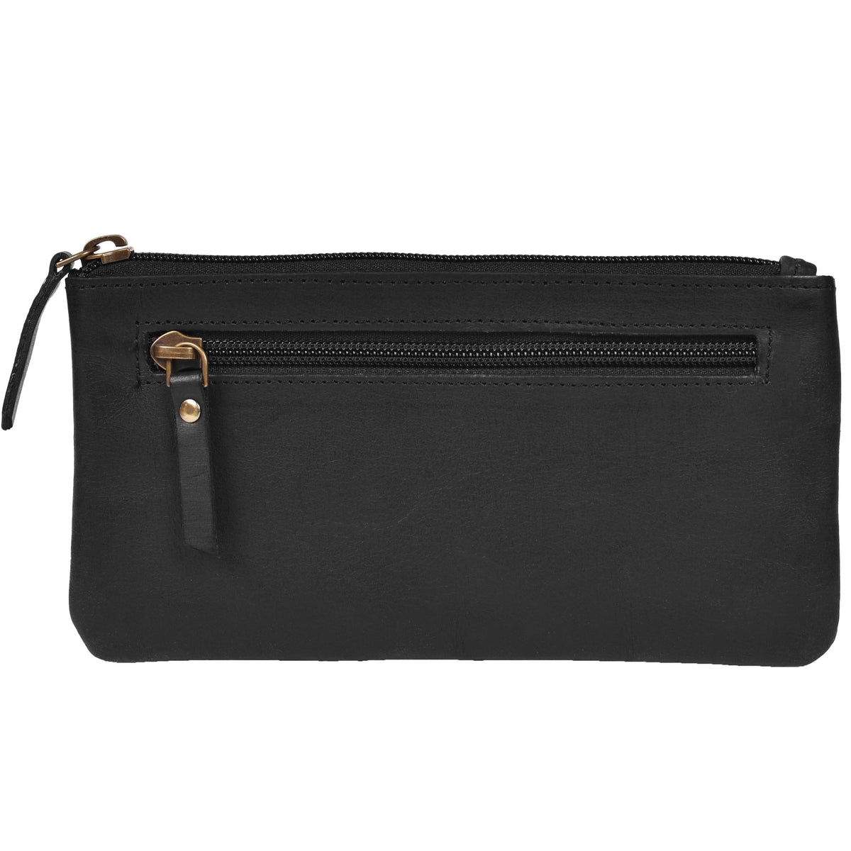 LEATHER VILLAGE Leather Pencil Pouch Pen Case - Matte Black - 8"X4"- Double Pocket - Elegant and Practical Zipper Pouch Holder for Artists, Men, and Women