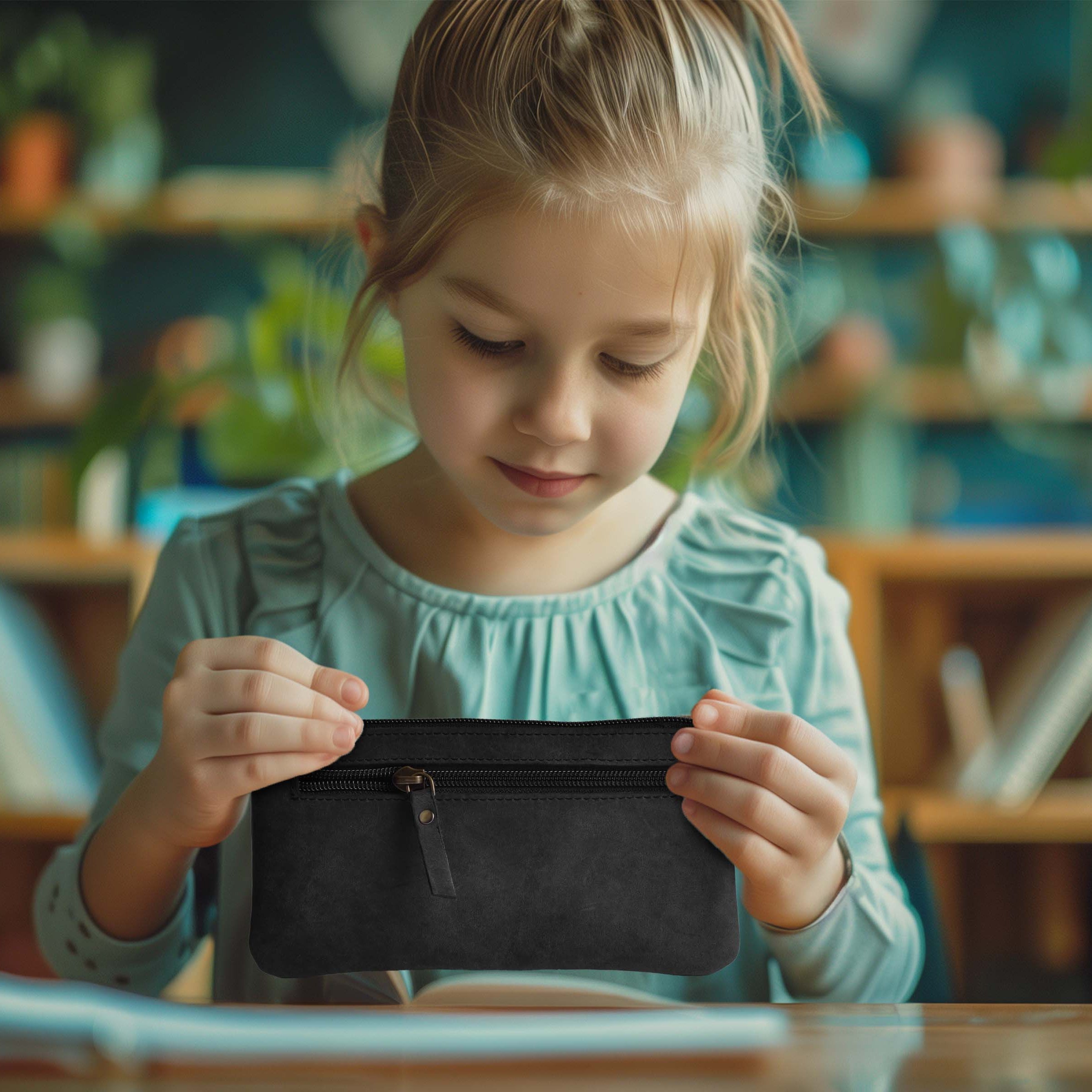 LEATHER VILLAGE Leather Pencil Pouch Pen Case - Matte Black - 8"X4"- Double Pocket - Elegant and Practical Zipper Pouch Holder for Artists, Men, and Women