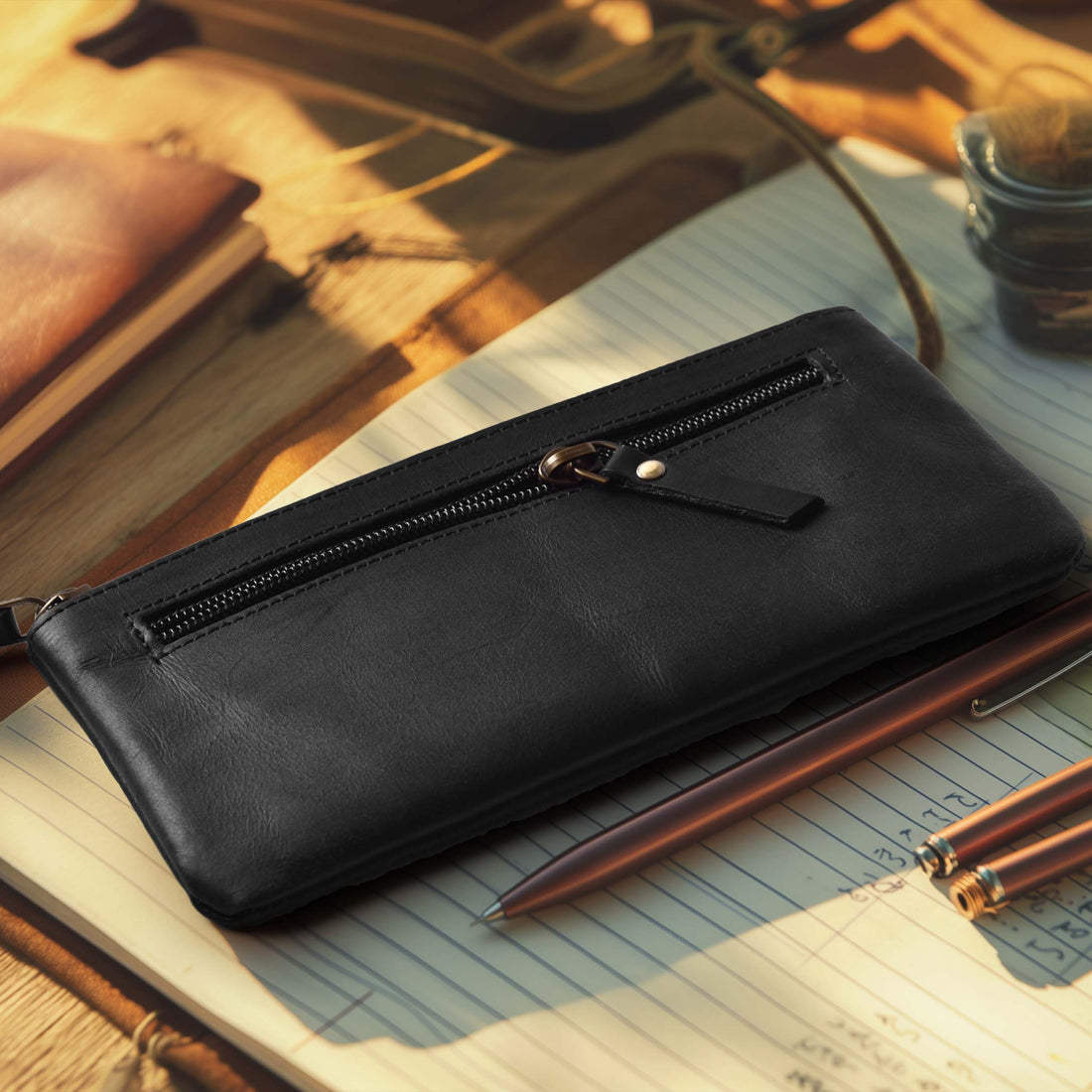 LEATHER VILLAGE Leather Pencil Pouch Pen Case - Matte Black - 8"X4"- Double Pocket - Elegant and Practical Zipper Pouch Holder for Artists, Men, and Women