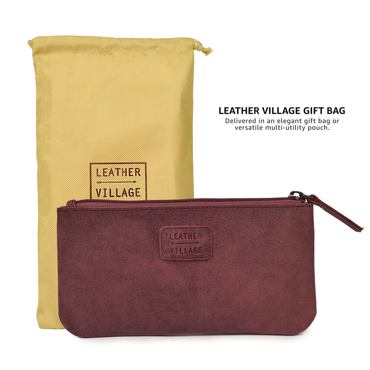 LEATHER VILLAGE Leather Pencil Pouch Pen Case - Matte Black - 8"X4"- Double Pocket - Elegant and Practical Zipper Pouch Holder for Artists, Men, and Women